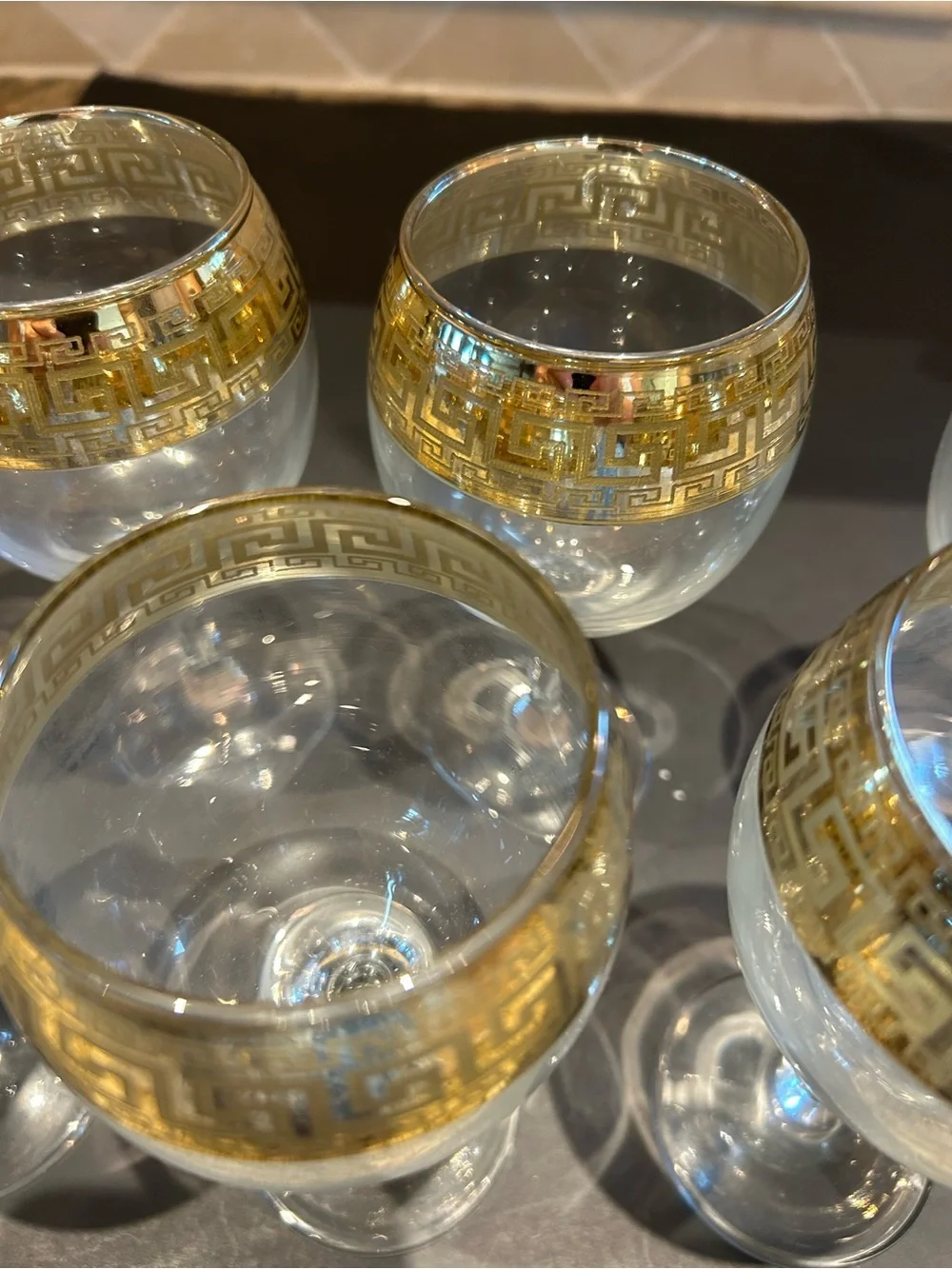 8 Vintage Gold Rimmed Greek Key Wine Goblets Glasses- Lead Free Glasses.